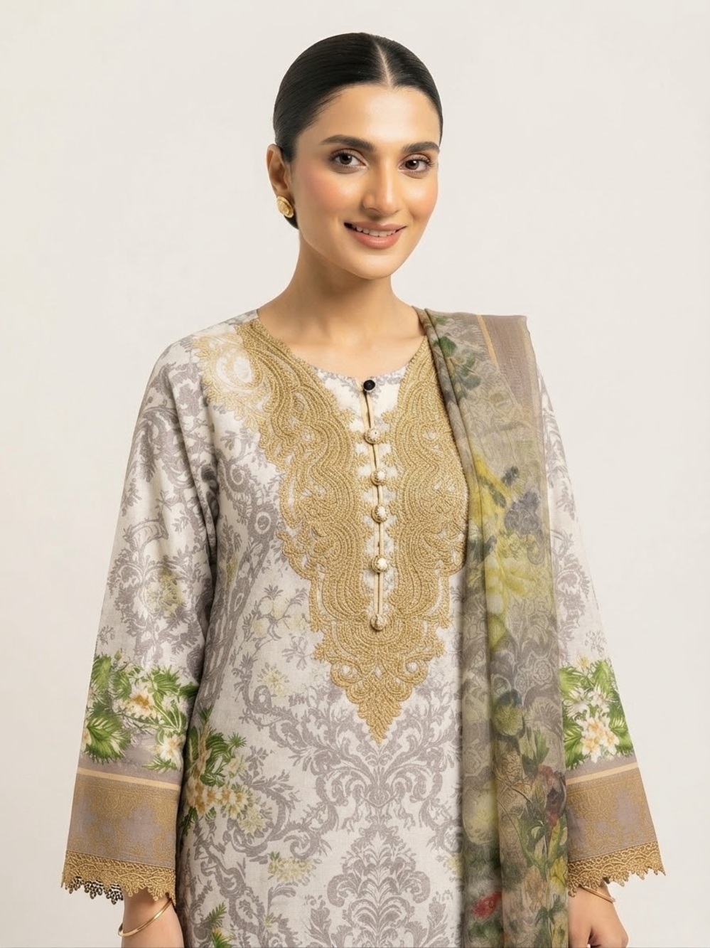 Elegant Grey & Gold Embroidered Women's Shalwar Kurta and Duptta Lawn Suit